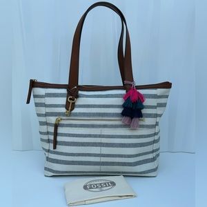 Fossil, Tote, Blue Strips, Leather